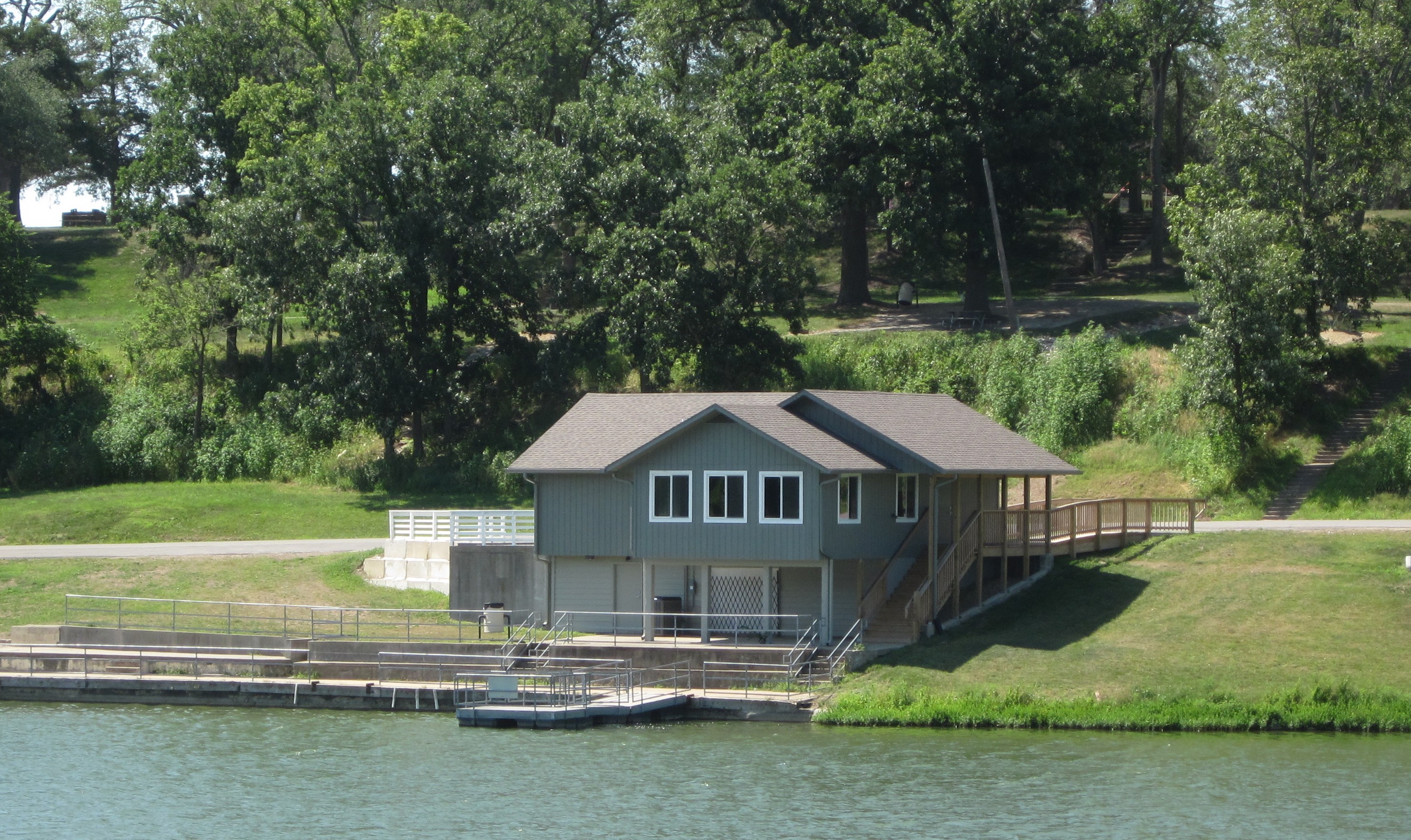 The community building sits at the edge of Lone Star Lake