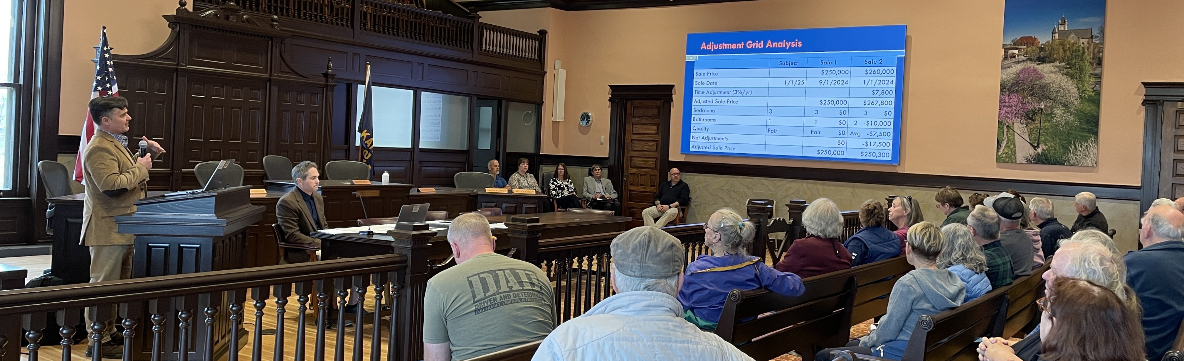 People listening to Appraiser's Office presentation in historic courthouse