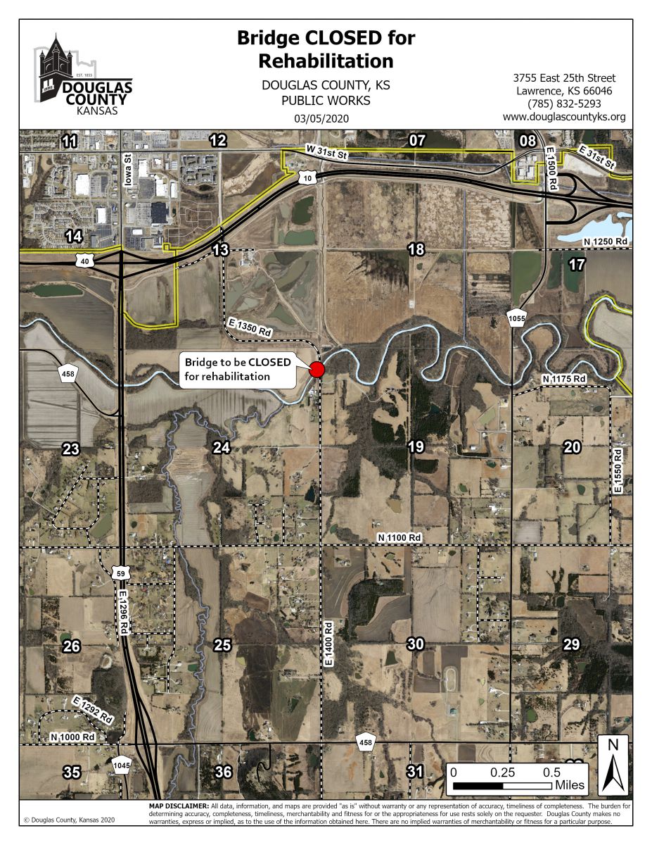 Map of where bridge carrying East 1400 Road over Wakarusa River will be closed for rehabilitation project.