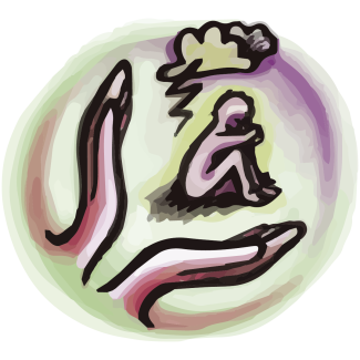 Hands caring for person sitting under dark cloud
