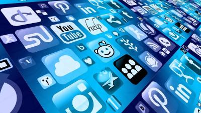 Blue matrix of social media icons angled across screen