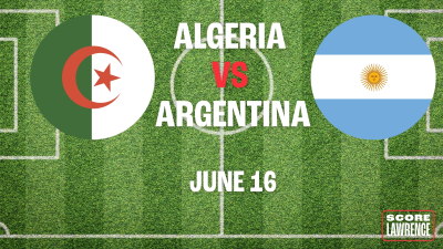 Soccer pitch background with flags from Algeria and Argentina with date
