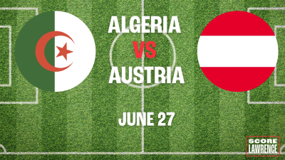 Soccer pitch background with flags from Algeria and Austria with date