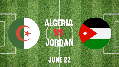 Soccer pitch background with flags from Algeria and Jordan with date