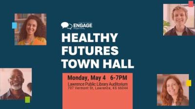Smiling images of people in corners with blue background and centered Healthy Futures Town Hall written in white font