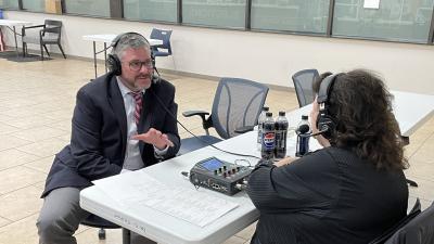 Jamie Shew is interviewed on Election Night by a local radio station