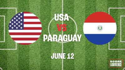 Soccer pitch background with flags from USA and Paraguay with date