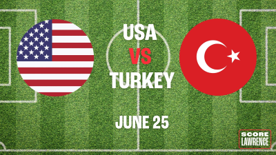 Soccer pitch background with flags from USA and Turkey with date
