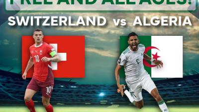 Text over cloudy sky and blurred soccer pitch with Algerian flag and Switzerland flag
