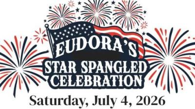 Graphic showing fireworks framing American flag with text