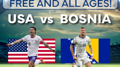 Text over cloudy sky and blurred soccer pitch with American flag and Bosnian-Herzegovina flag