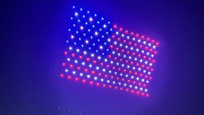 Drone lights forming an american flag over a darkened sky