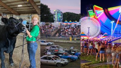 Three photos side by side one of girl showing cow in indoor arena and the middle showing demolition derby cars in outdoor arena at dusk and the last one showing carnival rides at night