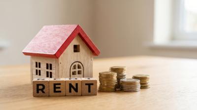 Miniature red roofed house sits on table in a room with wooden blocks spelling out RENT and stacks of coins next to it
