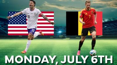 Soccer pitch background with flags from USA and Belgium with date